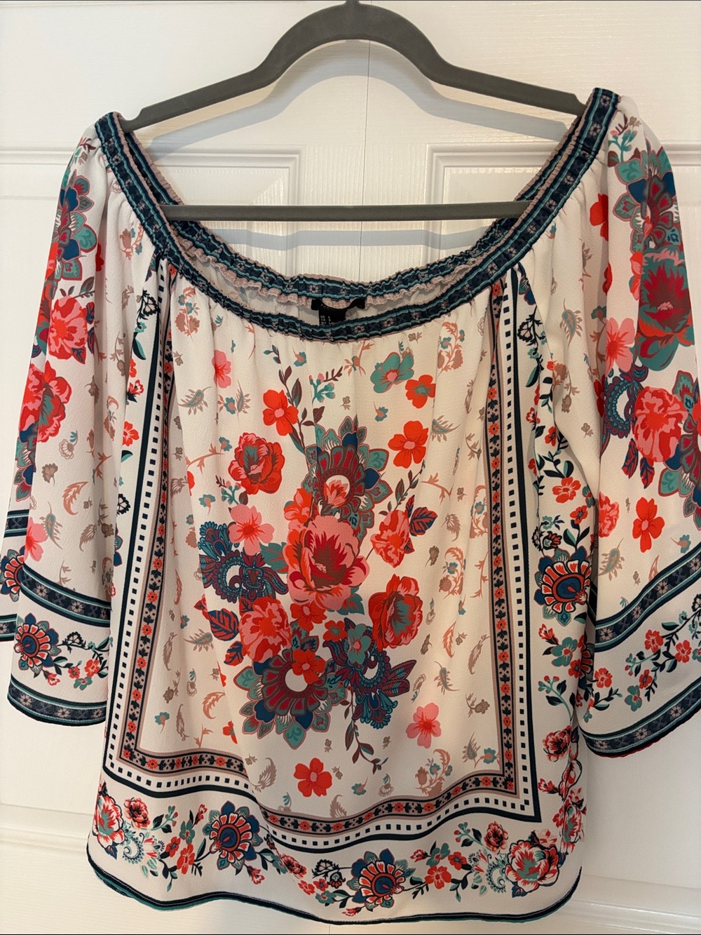 Forever 21 Cream Floral Off-Shoulder Blouse with Coral and Teal